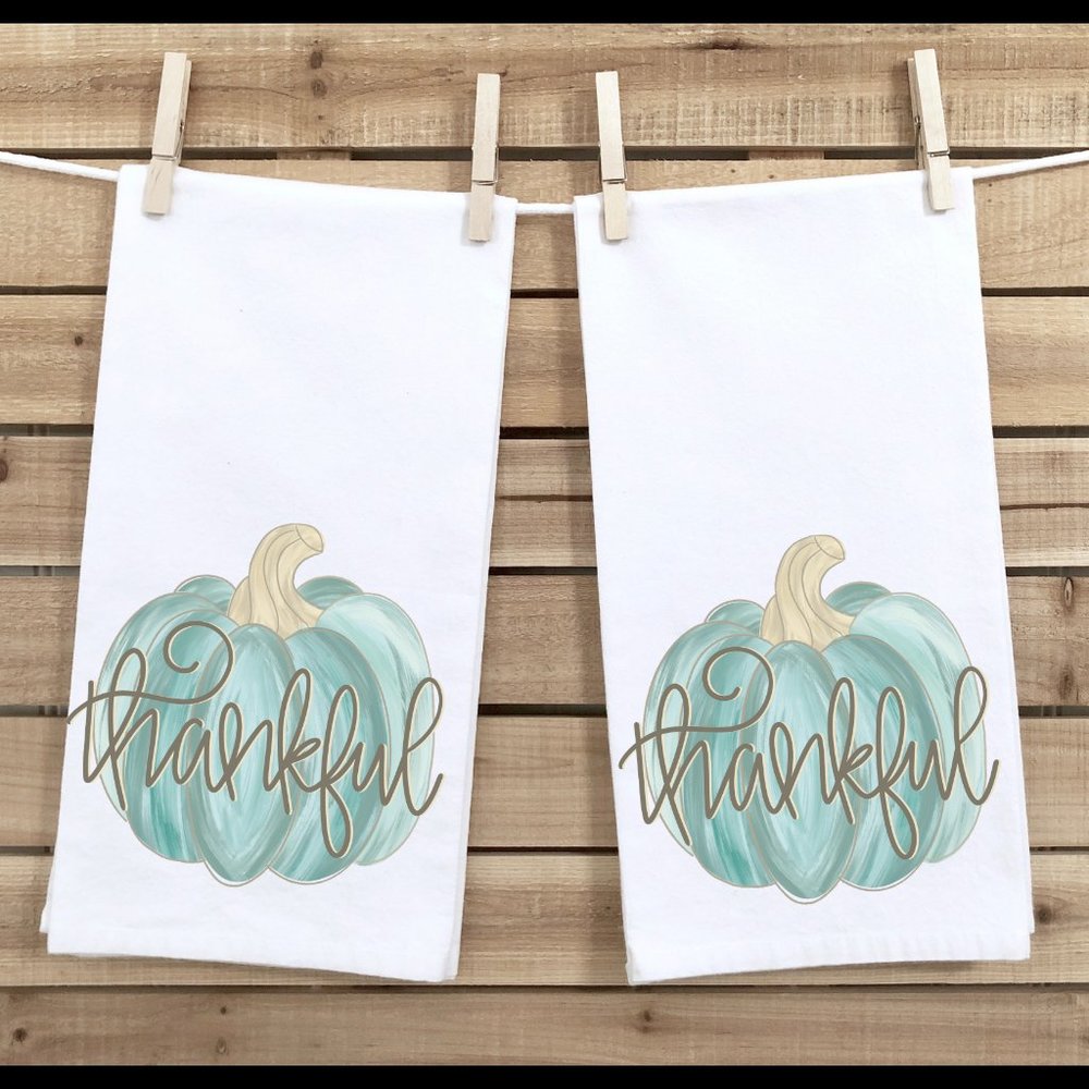 Fall Tea Towels, Set of 3, Blue Pumpkin, Autumn Home Decor, Kitchen or Bathroom